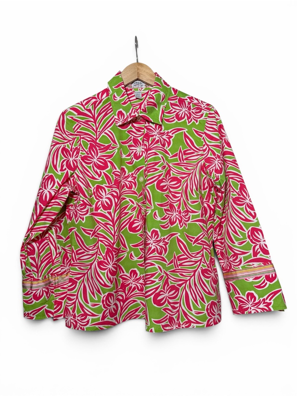 IZOD Stretch Tropical Pink & Green Floral Button-down Sz XL